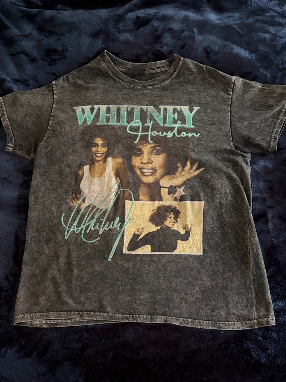 Whitney Houston Graphic Tee - Black Grey with Teal Print Size M